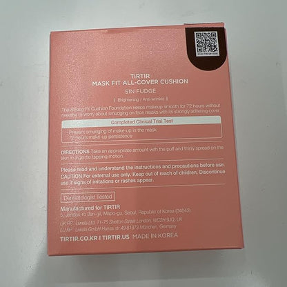 TIRTIR Mask Fit All Cover Pink Cushion Foundation | High coverage, Velvety Matte Finish, Lightweight, Flawless, Corrects Redness, Korean Cushion (#51N Fudge, Full Size, 0.63 Fl Oz)