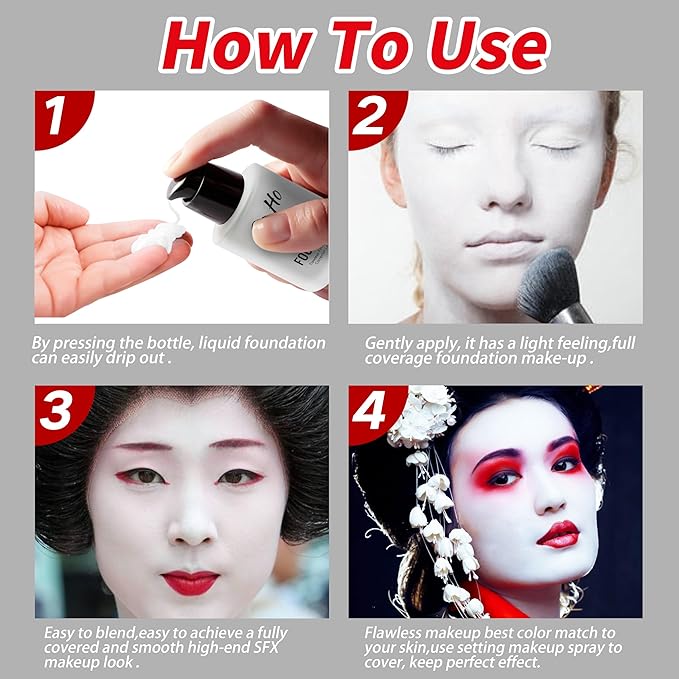 Go Ho White Liquid Foundation,Full Coverage White Foundation Color Corrector Demi Matte Finish for Goth Clown Makeup, Daily,Cosplay, Halloween Makeup