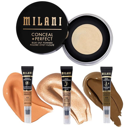 Milani Conceal + Perfect Blur Out Powder and Facelift Collection Kit 3: Toffee Contour, Molten Highlighter, Pumpkin Undereye Brightener