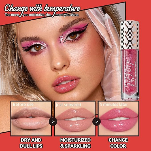 Boss Up Color Changing Lip Oil, Shimmering Temperature Color Changing Lip Gloss Tinted Lip Stain, Long Lasting Nourishing Moisturizing Lip Glow Oil for Lip Care (03#)