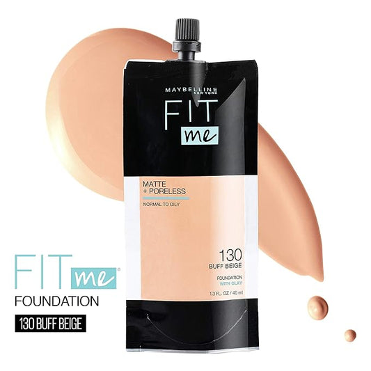 Maybelline New York Fit Me Matte + Poreless Liquid Foundation, Pouch Format, 130 Buff Beige, 1.3 Ounce