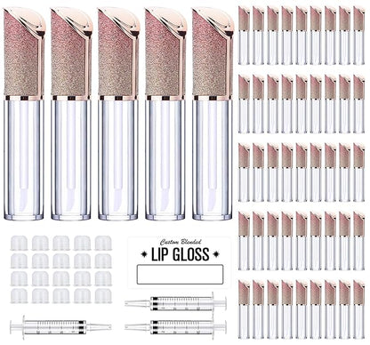 AMORIX 50 Pack Lip Gloss Tubes with Wand 5ml Lip Gloss Containers Lip Gloss Supplies Kit with 3pcs Syringes for DIY Lip Gloss Base, Oblique Cap