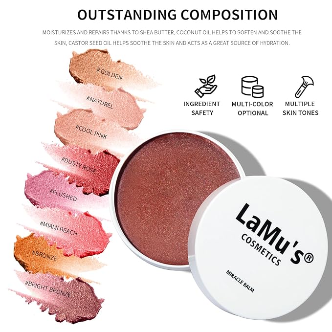 Lamu's Cosmetics Moisturizing Miracle Balm, Multi Glow Balm, Face Blush Cream Blush for Cheeks,Radiant Finish, Hydrating,Natural Glow 50g/ 1.75 Oz (BRIGHT BRONZE)