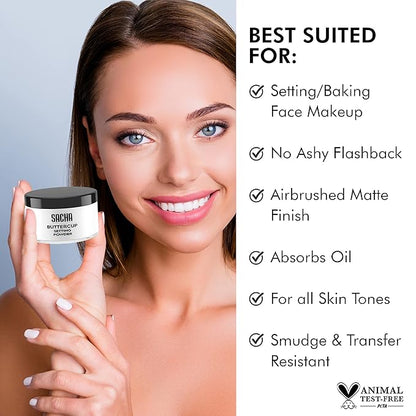 Sacha BUTTERCUP No Color Setting Powder. No Ashy Flashback. Blurs Fine Lines and Pores. Loose, Translucent Face Powder to Set Makeup Foundation or Concealer. For All Skin Tones, 1.75 oz.