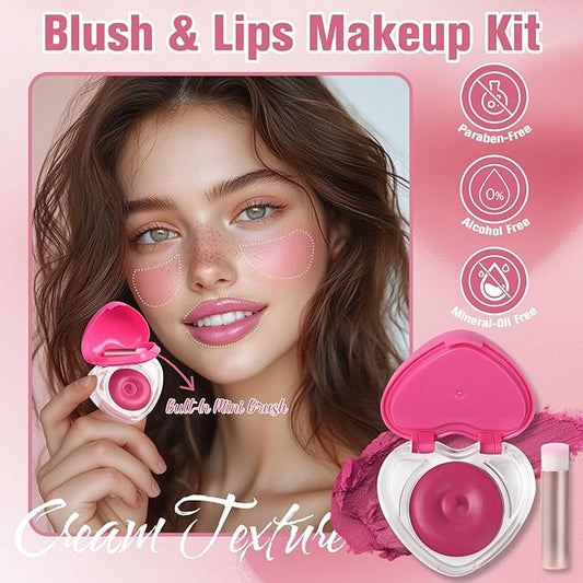 Heart-Shaped Cream Blush for Cheeks & Lips – 2-in-1 Tinted Lip and Cheek Balm Kit with Mini Brush – Blendable Dewy Blusher Face Makeup for Women, Portable Compact for Travel & On-the-Go Touch Ups 06