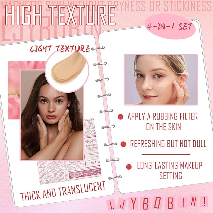 4PCS Full Coverage Foundation Set,Waterproof Long Lasting Moisturizing Color Changing Foundation,Hydrating BB Cream,Translucent Matte Loose Setting Powder Face Base Makeup Set with Makeup Sponge