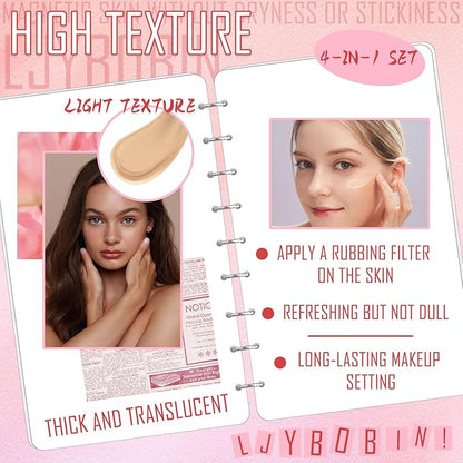 4PCS Full Coverage Foundation Set,Waterproof Long Lasting Moisturizing Color Changing Foundation,Hydrating BB Cream,Translucent Matte Loose Setting Powder Face Base Makeup Set with Makeup Sponge