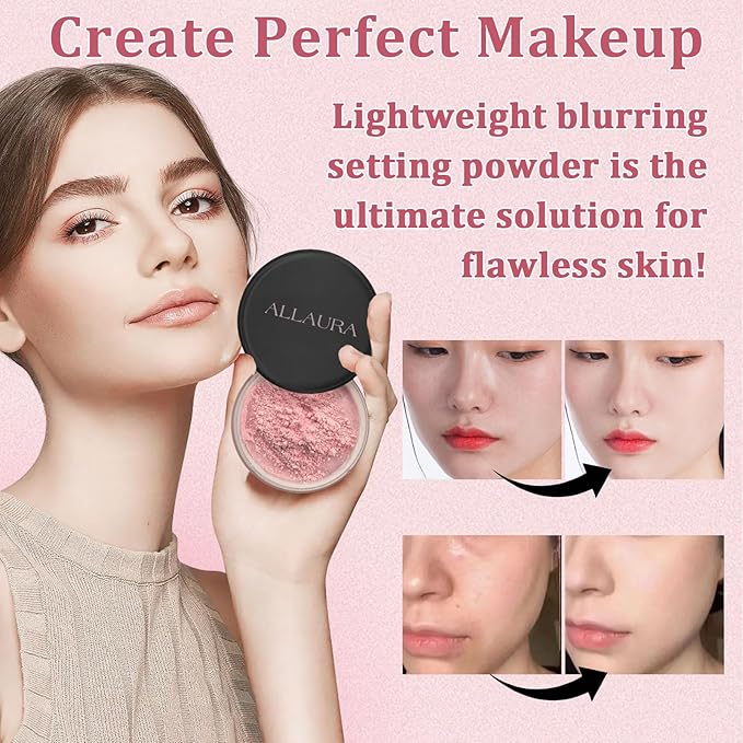 AlluraBeauty Blurring Powder, Pink Blurring Setting Powder by Allura, Oil Control Blurring Powder, 24H Long-Lasting, Creates Soft Focus Effect, Lightweight Pink Setting Powder for All Skin Tones