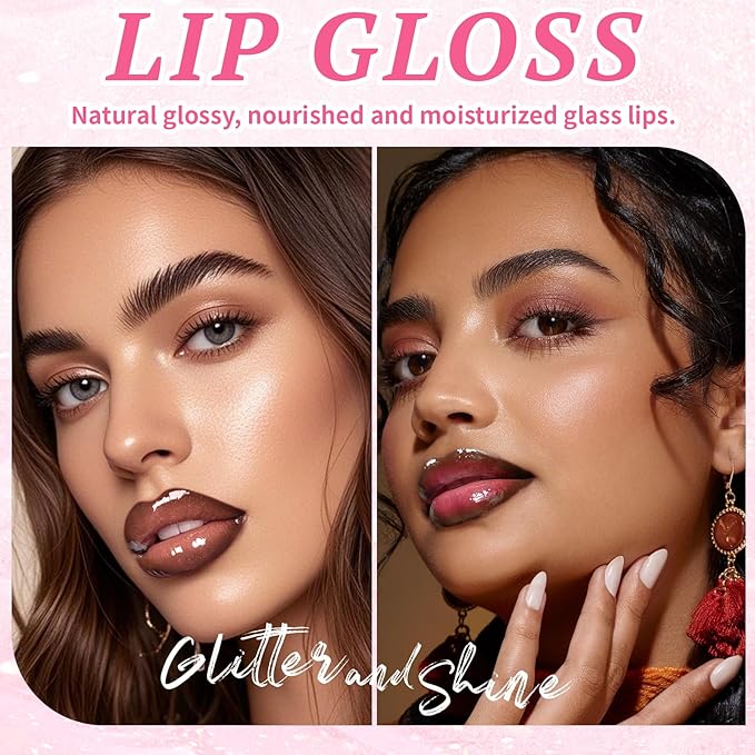 2 Color Nourishing Lip Gloss Brown Liner Combo, Hydration Plumping Glitter Lip Glow Oil Set for Women, Moisturizing Lightweight Long Lasting High Shine Lip Tint, Mini Liquid Lipstick Makeup