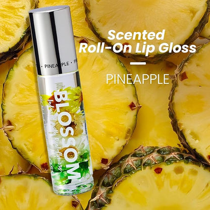 Blossom Roll on Lip Gloss, Scented Clear High Shine Moisturizing Lip Oil, Non Sticky, Infused with Real Flowers, Made in USA, 0.2oz, Pineapple