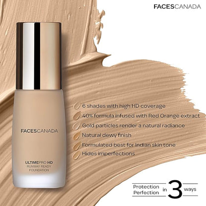 Faces Canada HD Runway Ready Foundation, Red Orange Extract & Gold particles, High Coverage, Oil-Free, Flawless Radiance, Vegan & Cruelty Free, Paraben Free, Beige 03 (Beige), 1.01 Fl Oz