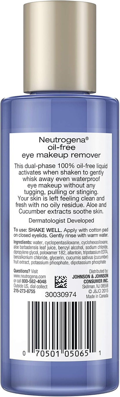Neutrogena Oil-Free Liquid Eye Makeup Remover, Residue-Free, Non-Greasy, Gentle & Skin-Soothing Makeup Remover Solution with Aloe & Cucumber Extract for Waterproof Mascara, 5.5 fl. Oz (Pack of 4)