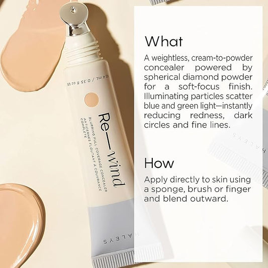 HALEYS Full-Coverage Concealer Set (Medium-Warm): Re-wind Blurring Full Coverage Concealer, Brighten, Reduce dark circles and fine lines, Longwear, Lightweight, Re-mix Makeup Sponge, Smooths
