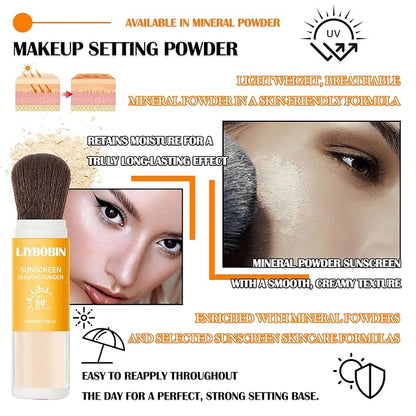2 Pcs Sunscreen Setting Powder,SPF 50+ PA++++,Oil Control Waterproof Mineral Powder Sunscreen,Lightweight Long Lasting Matte Sunscreen Powder with Sunscreen Brush