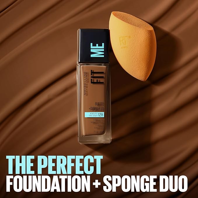 Maybelline Fit Me Matte + Poreless Liquid Foundation and Real Techniques Makeup Sponge Bundle, Includes 1 Foundation in Mocha and 2 Miracle Complexion Makeup Sponges
