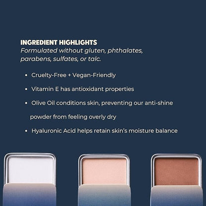 Shine Eraser | Absorbs Oil + Minimizes Pores | Premium Mattifying Formula for Men’s Skin | 3 Shades | High-Performance Ingredients | Made In USA | Cruelty-Free + Vegan | 100% Recyclable Tin