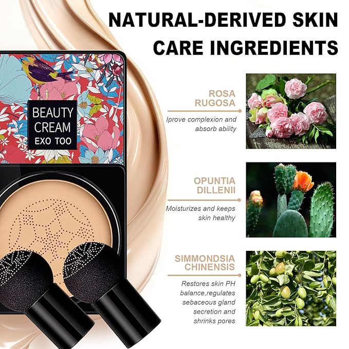 2Pack Mushroom Head Air Cushion CC Cream Foundation, Natural Moisturizing Matte Oil Control Concealer, Bright Makeup Base, Long Lasting Liquid Foundation with Two Mushroom Head Sponges