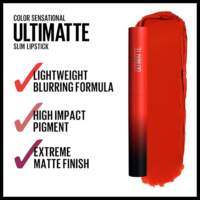 Maybelline Color Sensational Ultimatte Matte Lipstick, Non-Drying, Intense Color Pigment, More Scarlet, Scarlet Red, 1 Count (Pack of 2)