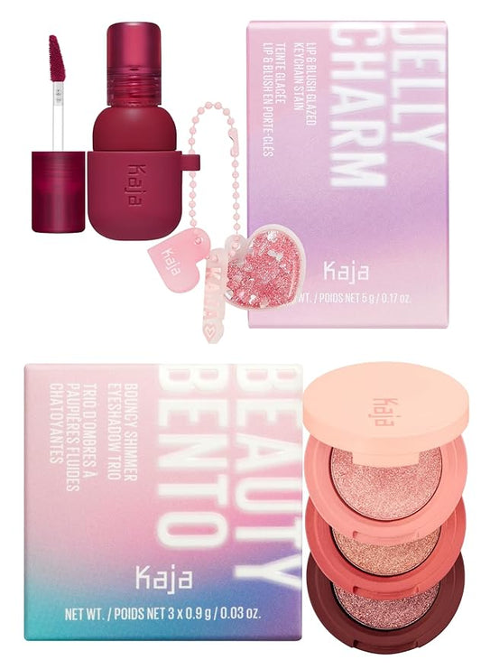 Kaja Lip & Blush Glazed Keychain Stain - Jelly Charm 01 Cherry Spritz + Beauty Bento Collection - Bouncy Eyeshadow Trio 02 Orange Blossom, 0.03 Oz Bundle
