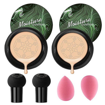 2P Mushroom Head Air Cushion CC Cream Foundation,Moisturizing Non-Greasy BB Cream and Makeup Sponge,Longlasting Matte Concealer Full Coverage Face Makeup Liquid Foundation for All Skin Types(Natural)A