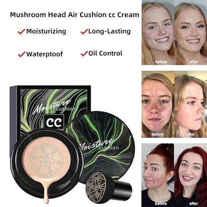 Mushroom Heads Air Cushion CC Cream,Moisturizing BB Cream,air cushion cc cream foundation,Full Coverage Long Lasting Concealer,Even Skin Tone Base Nude Makeup Foundation