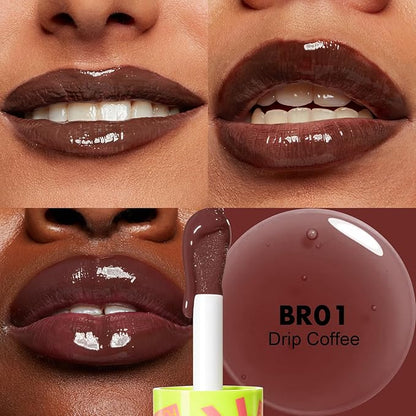 FOCALLURE Lip Oil - Moisturizing, Hydrating Lip Gloss with Non-Sticky, Long Lasting Glow - Tinted Balm for Dry Lips - Drip Coffee Flavored