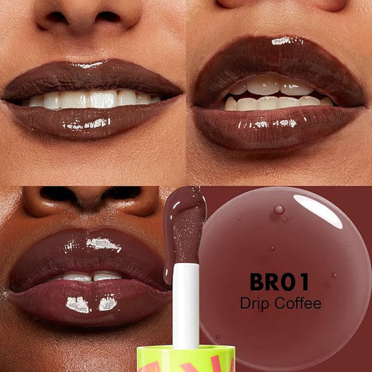 FOCALLURE Lip Oil - Moisturizing, Hydrating Lip Gloss with Non-Sticky, Long Lasting Glow - Tinted Balm for Dry Lips - Drip Coffee Flavored