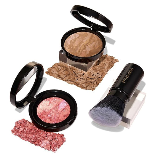 LAURA GELLER NEW YORK 40+ Club Blush-n-Balance 3pc Kit: Baked Balance-N-Brighten Color Correcting Foundation, Sand + Retractable Kabuki Brush + Baked Blush-N-Brighten, Tropic Hues