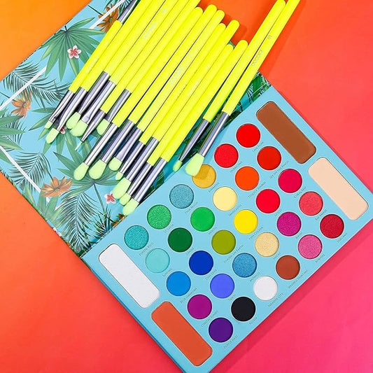 Docolor 15Piece Eye Makeup Brushes Set + 34 Colors Tropical Eeyshadow Palette Pigmented Matte Shimmer Metallic Blendable Soft Cream Powder Makeup Eye Shadow Palettes for Christmas Gift