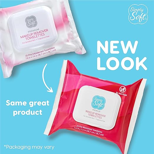 Simply Soft Premium Makeup Remover Towelettes 50 ct (2 - 25 Count Flip-top Packs), Fragrance-Free Makeup Wipes for Sensitive Skin, Hypoallergenic, pH Balanced Eye & Face Wipes