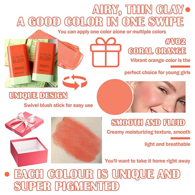Blush Stick,Shimmer Silky Matte Blush,Professional Cute Face Contour Highlighter Blush Stick with Blush 02