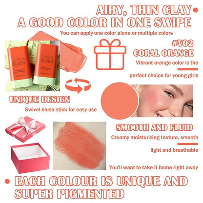 Blush Stick,Shimmer Silky Matte Blush,Professional Cute Face Contour Highlighter Blush Stick with Blush 02