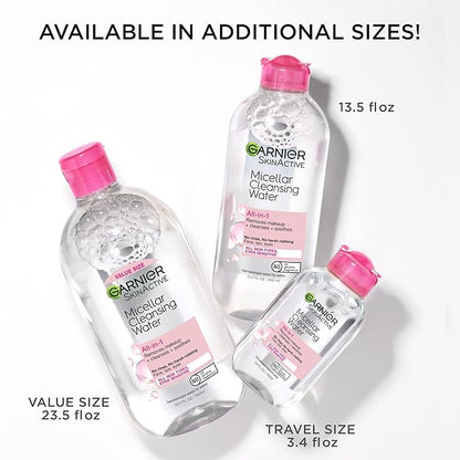 Garnier Micellar Cleansing Water, All-in-1 Makeup Remover and Facial Cleanser, For All Skin Types, 3.4 Fl Oz (100mL), 1 Count (Packaging May Vary) (Pack of 2)