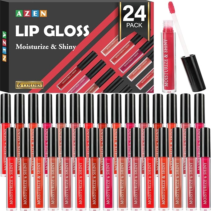AZEN 24 Pack Lip Gloss Bulk Set, Shimmery Lip Gloss for Women and Girls With Rich Varied Colors