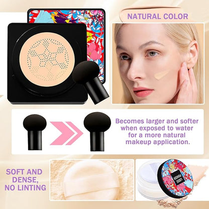 6 PCS Mushroom Head Foundation Set,Mushroom Head Air Cushion CC Cream,Moisturizing Oil Control Natural Foundation,Air Cushion Concealer Moisturizing Foundation with Makeup Sponge