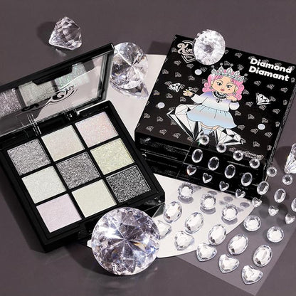 KimChi Chic Jewel Collection Eyeshadow Palette - Pigmented Blendable Matte & Glitter Shades, Long Lasting, Cruelty Free, Includes Jewel Stickers, Diamond