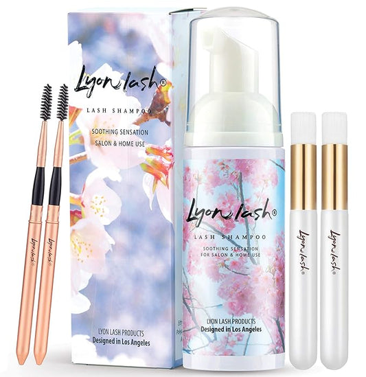 Lyon Lash Eyelash Extension Cleanser 150ml with Cleansing Brush, Foam Shampoo/Lash Bath, Gentle Formula for Sensitive people, To Remove Eye Makeup Oil & Dust & Mascara, For Professional and Home Use