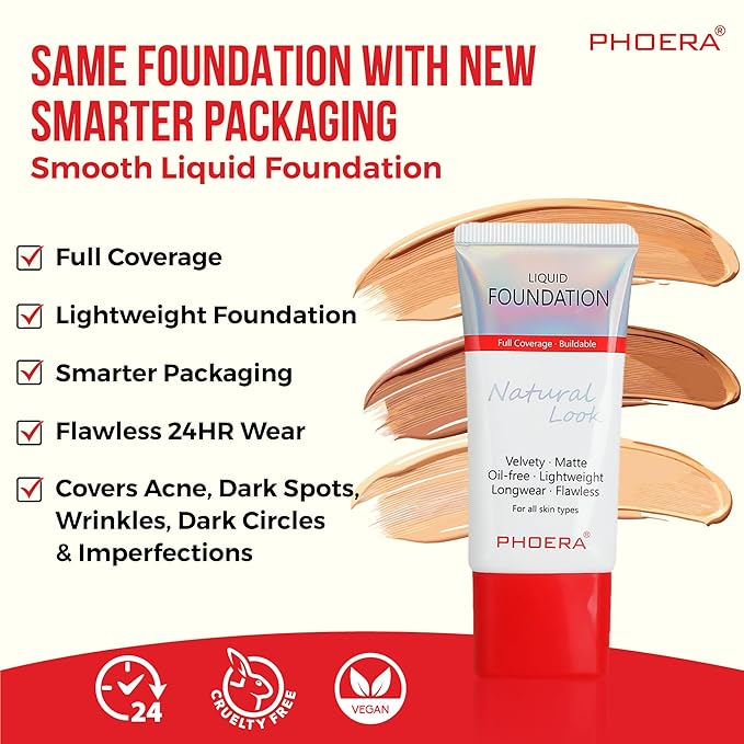 Phoera Foundation Full Coverage Makeup Set - 24hr Long Lasting Oil Control - Same Foundation Smarter Packaging (104 Buff Beige)
