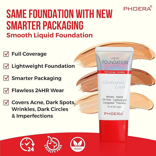 Phoera Foundation Full Coverage Makeup Set - 24hr Long Lasting Oil Control - Same Foundation Smarter Packaging (104 Buff Beige)