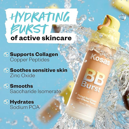 Kosas BB Burst Tinted Face Gel Cream - Supports Healthy Collagen, Smoothes Skin, Hydrates & Moisturizes - Lightweight Buildable Coverage - Deep Warm 40, (1 Oz/30 ML)
