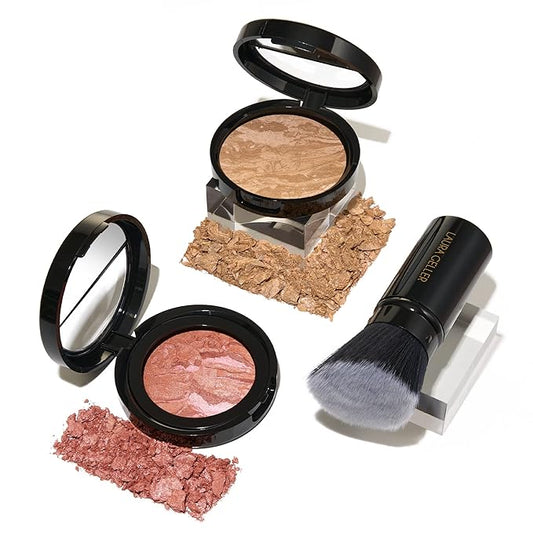 LAURA GELLER NEW YORK Blush-n-Glow Kit (3 Piece) Baked Balance-N-Glow Illuminating CC Powder Foundation Golden Medium, Retractable Kabuki Brush, Baked Blush-N-Brighten Pink Grapefruit