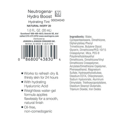 Neutrogena Hydro Boost Hydrating Tint with Hyaluronic Acid, Lightweight Water Gel Formula, Moisturizing, Oil-Free & Non-Comedogenic Liquid Foundation Makeup, 20 Natural Ivory, 1.0 fl. oz