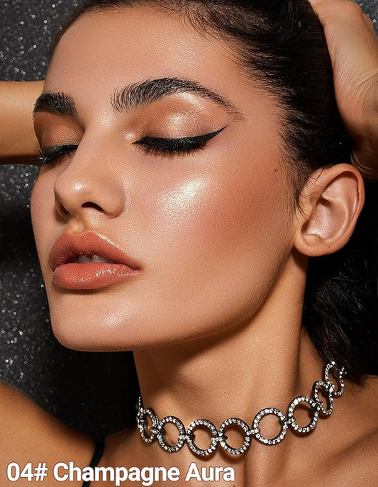 Erinde Shimmer Face Highlighter Makeup Powder, Cream to Powder Glow Finish, Lightweight & Healthy Radiance, Long Lasting Luminous Face Body Highlighter Makeup, 04 Champagne Aura