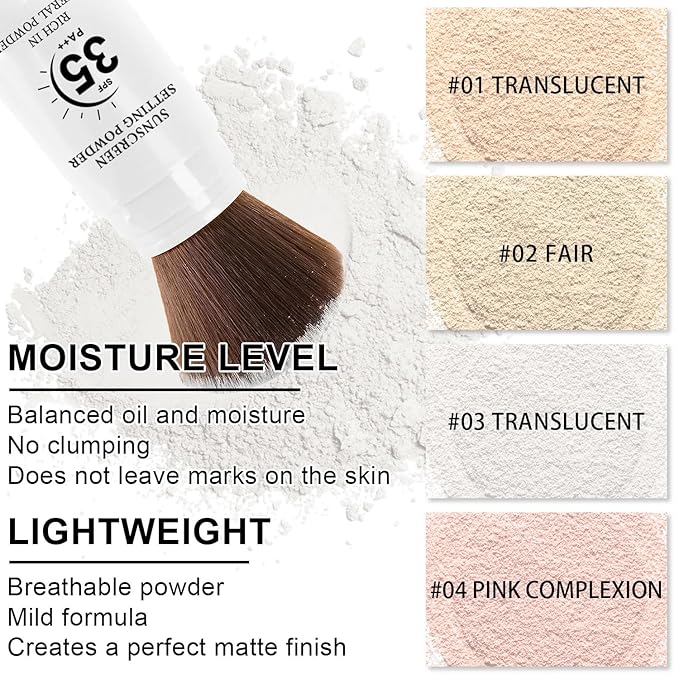 Mineral Sunscreen Setting Powder, SPF 35 Translucent Loose Powder for Face & Scalp, Mineral Brush Powder, Oil Control Natural Matte Finish, Lasting Lightweight Breathable (#03 White)