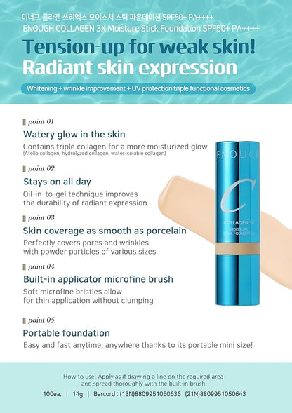 ENOUGH Collagen 3X Moisture Stick Foundation with Brush, Full Coverage Tinted Sunscreen for Face, Long-Lasting Korean Makeup, Perfect Тinted Мoisturizer with SPF 50+ (#21N Clear Beige, 0.49 oz / 14g)