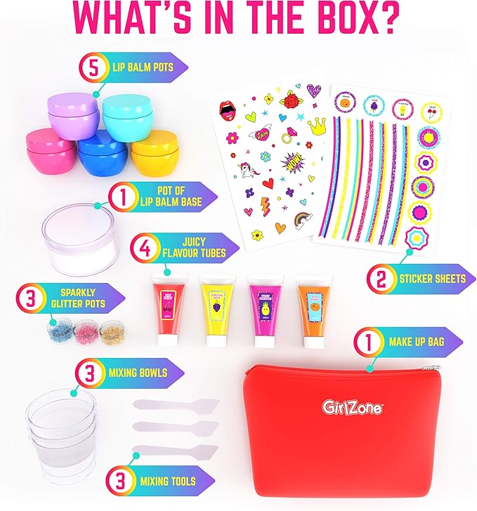 GirlZone Lip Balm Making Kit, 25-Piece Makeup and Lip Gloss Set with Glitters, Stickers & More, Fabulous Girls Toys Age 8 & Great Gift Idea for Kids