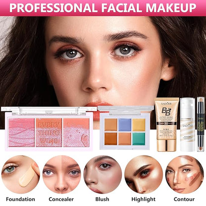 Makeup Kit for Women Full Kit, Make Up Gift Set, Makeup Bundle Includes Foundation Eyeshadow Palette BB Cream Concealer Blush Lipstick Eyeliner Mascara Cosmetic Brush Set