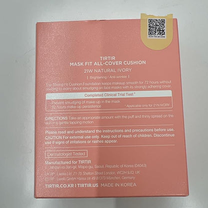 TIRTIR Mask Fit All Cover Pink Cushion Foundation | High coverage, Velvety Matte Finish, Lightweight, Flawless, Corrects Redness, Korean Cushion (#21W Natural Ivory, Full Size, 0.63 Fl Oz)