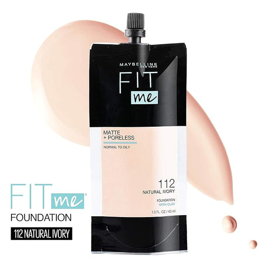 Maybelline New York Fit Me Matte + Poreless Liquid Foundation, Pouch Format, 112 Natural Ivory, 1.3 Ounce
