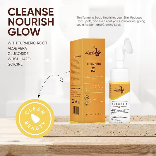 Live Healthy Turmeric Foaming Face Wash - Turmeric Face Wash with Brush, Deep Cleansing, Gentle, Facial Cleanser, Makeup Remover, Natural Formula for Acne, Blackhead & Oil Control, Hydrating -150ml